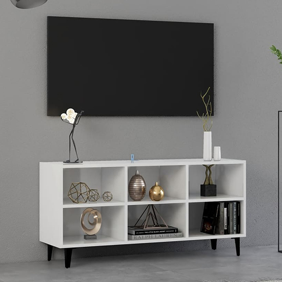 Photo of Usra high gloss tv stand in white with black metal legs