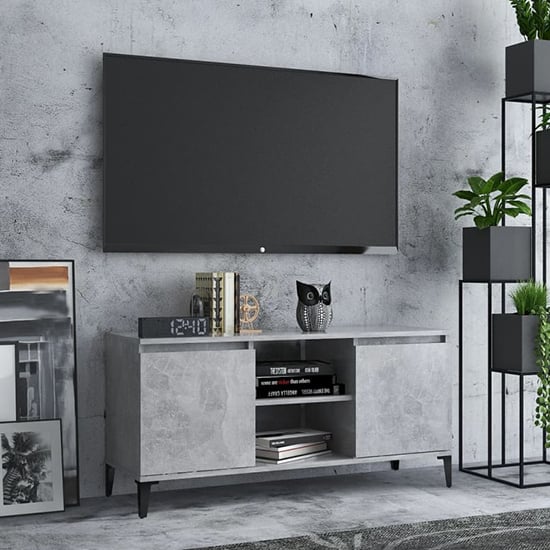 Usra Wooden TV Stand With 2 Doors And Shelf In Concrete Effect_1