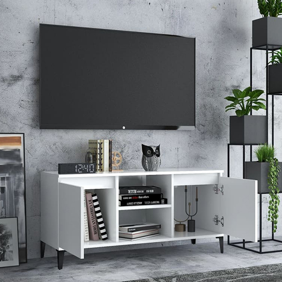 Usra Wooden TV Stand With 2 Doors And Shelf In White
