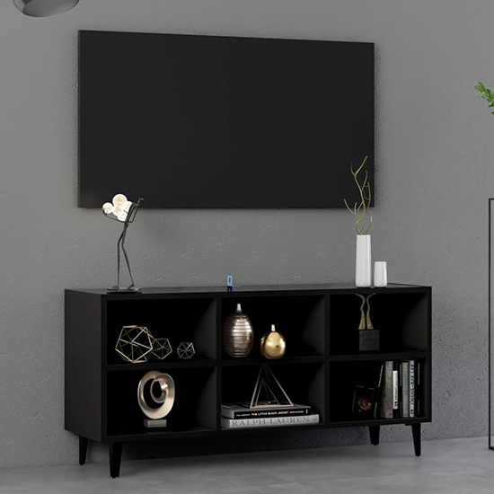 Usra Wooden TV Stand In Black With Black Metal Legs Furniture in Fashion