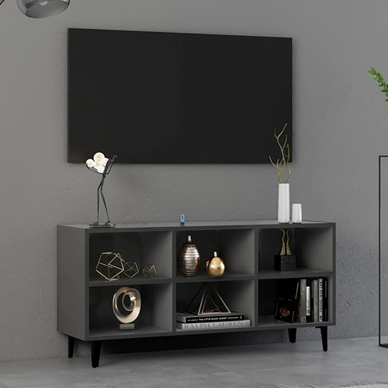 Read more about Usra wooden tv stand in grey with black metal legs