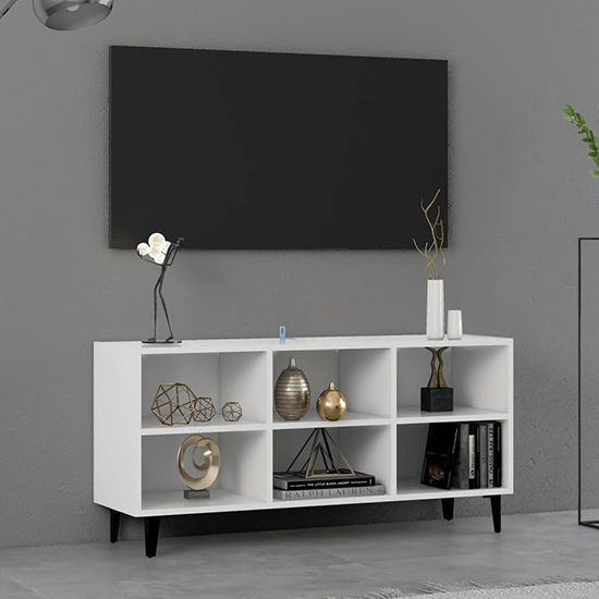 Read more about Usra wooden tv stand in white with black metal legs