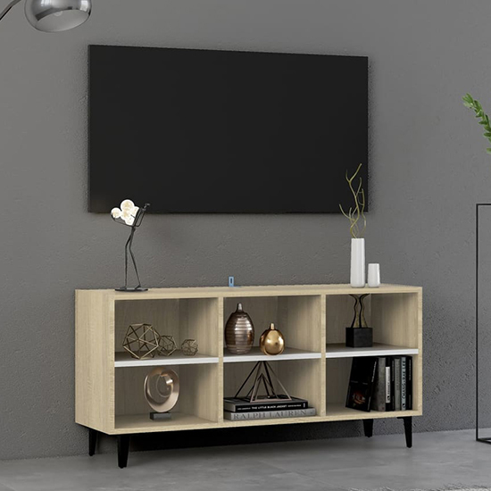 Photo of Usra wooden tv stand in white and sonoma oak with metal legs