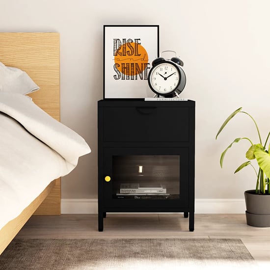 Product photograph of Utara Steel Bedside Cabinet With 1 Door 1 Drawer In Black from Furniture in Fashion
