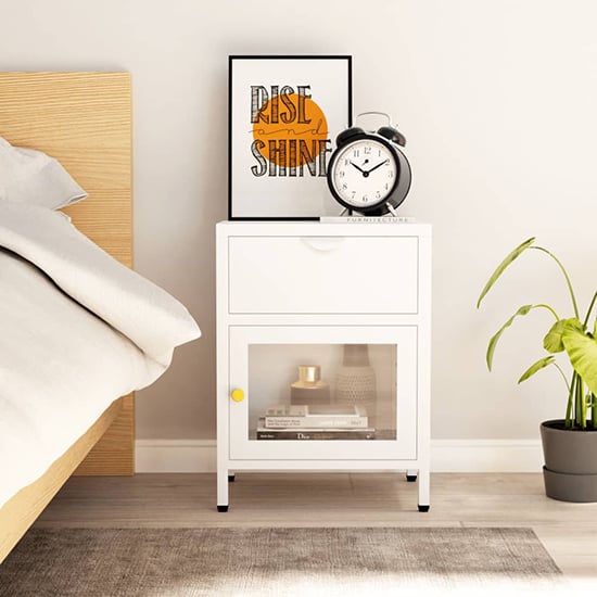 Read more about Utara steel bedside cabinet with 1 door 1 drawer in white