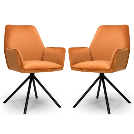 Utica Brunt Orange Carver Velvet Dining Chairs In Pair