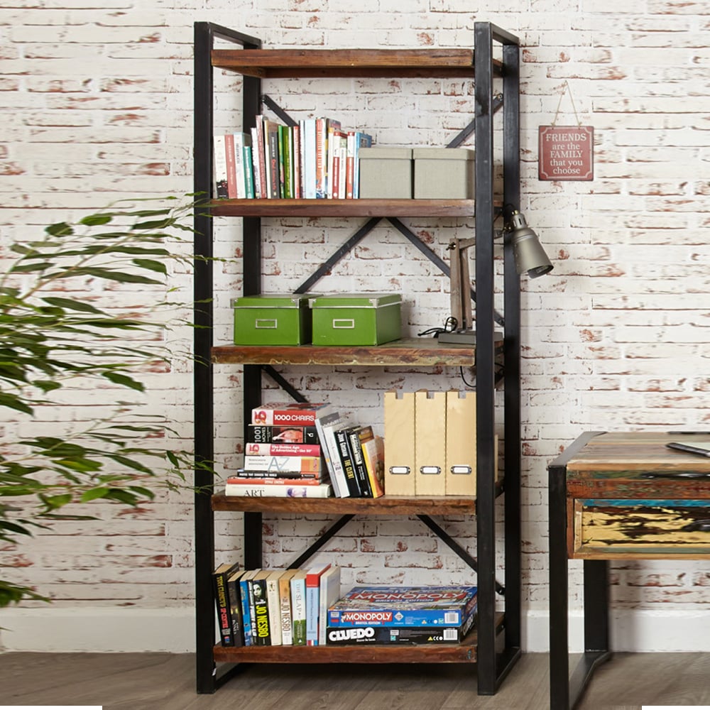 Utica Wide Wooden Bookcase With 5 Shelves In Satin Lacquer