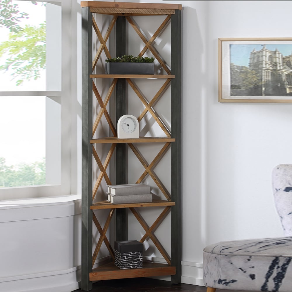 Utica Wooden Corner Bookcase With 4 Shelves In Satin Lacquer
