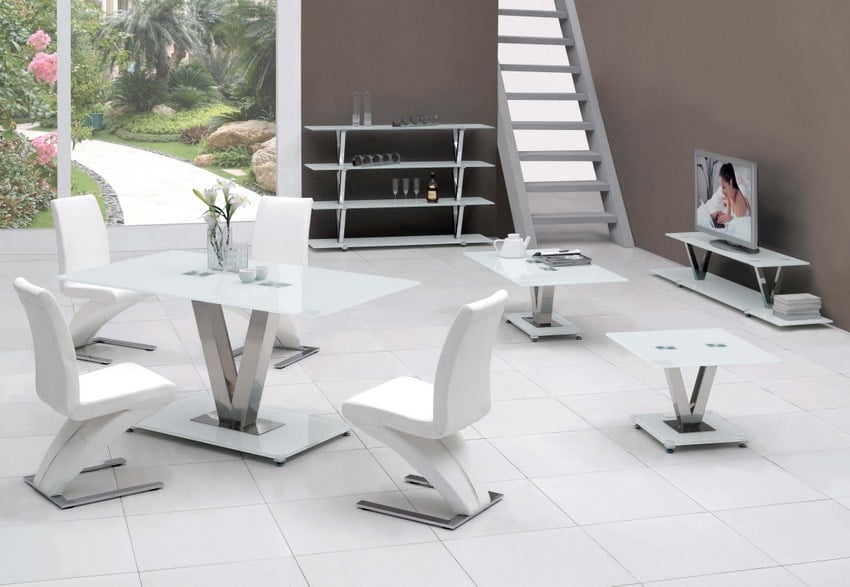 Product photograph of V White Glass Dining Table Only from Furniture in Fashion