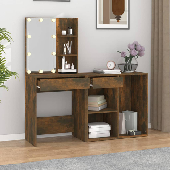 Vachel Wooden Dressing Table In Smoked Oak With LED Lights_2
