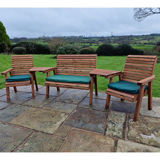 Vail Angled 2 Chairs And 2 Seater Bench With Green Cushions