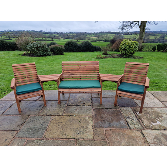 Vail Angled 2 Chairs And 2 Seater Bench With Green Cushions