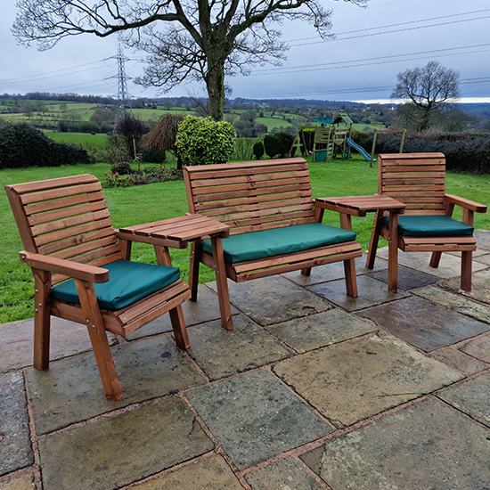 Vail Angled 2 Chairs And 2 Seater Bench With Green Cushions