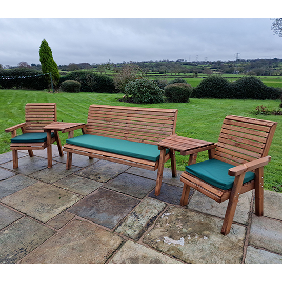 Vail Angled 2 Chairs And 3 Seater Bench With Green Cushions