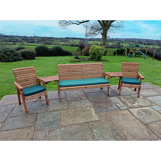 Vail Angled 2 Chairs And 3 Seater Bench With Green Cushions