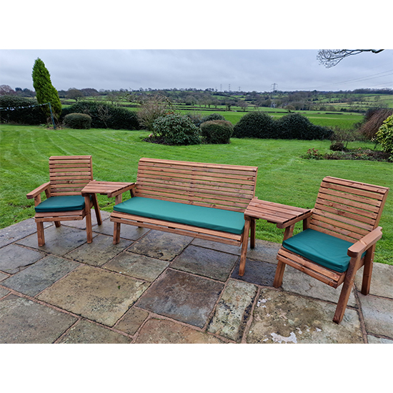 Vail Angled 2 Chairs And 3 Seater Bench With Green Cushions