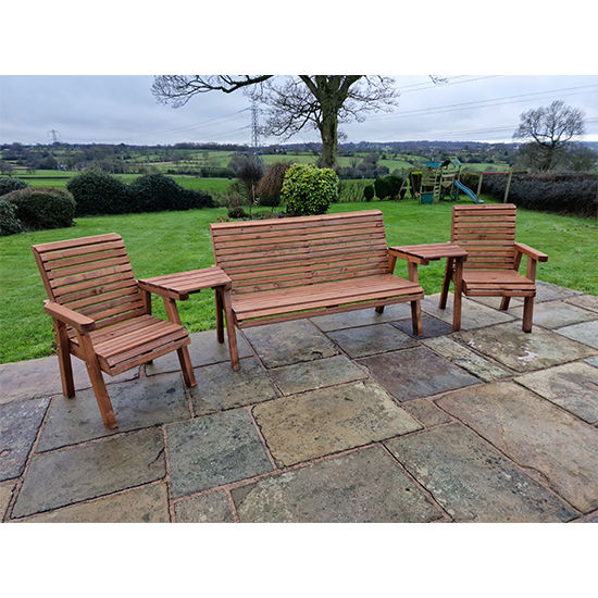 Vail Angled 2 Chairs And 3 Seater Bench With Green Cushions