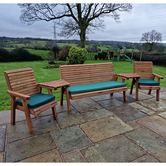 Photo of Vail angled 2 chairs and 3 seater bench with green cushions