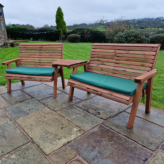 Vail Angled Tray 4 Seater Bench Set With Green Cushions