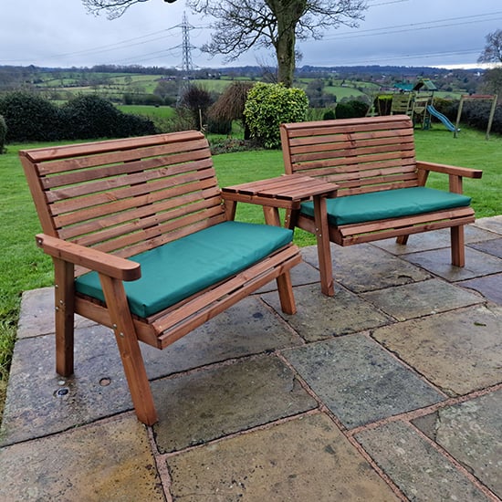 Product photograph of Vail Angled Tray 4 Seater Bench Set With Green Cushions from Furniture in Fashion