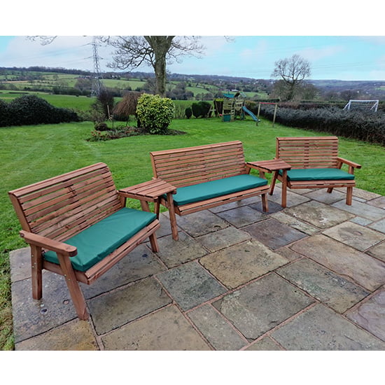 Vail Angled Tray 7 Seater Bench Set With Green Cushions