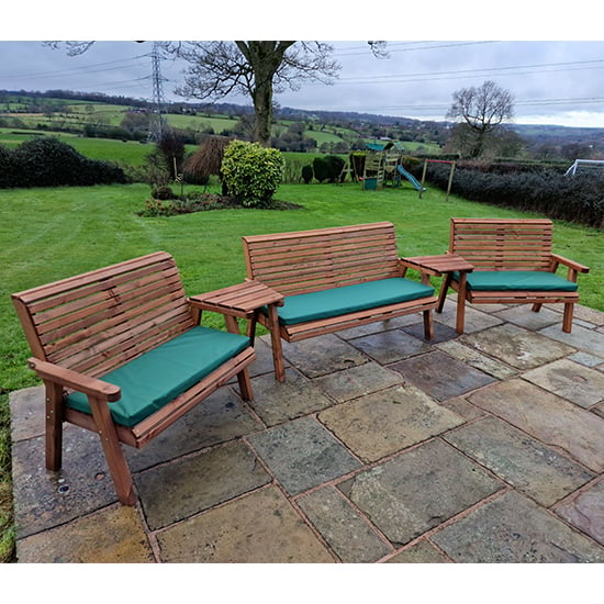 Product photograph of Vail Angled Tray 7 Seater Bench Set With Green Cushions from Furniture in Fashion