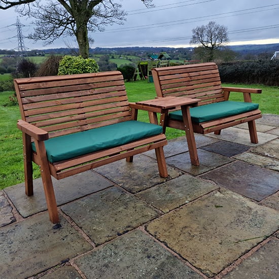 Product photograph of Vail Straight Tray 4 Seater Bench Set With Green Cushions from Furniture in Fashion