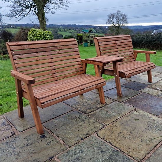 Product photograph of Vail Straight Tray Timber 4 Seater Bench Set In Brown from Furniture in Fashion