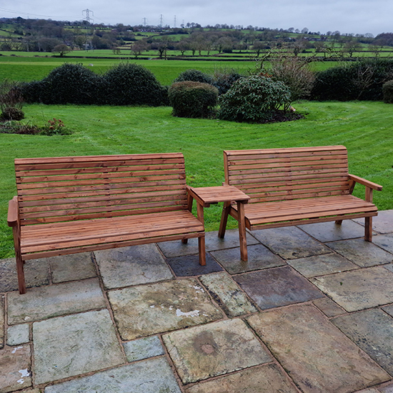 Photo of Vail straight tray timber 5 seater bench set in brown