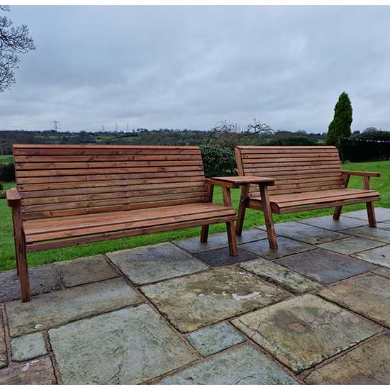 Photo of Vail straight tray timber 6 seater bench set in brown