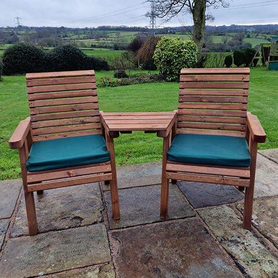 Vail Timber Angled Love Seat With Green Cushions