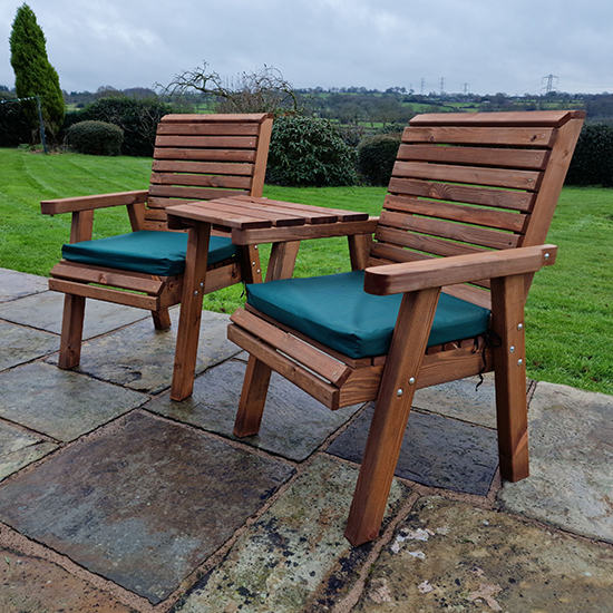 Vail Timber Angled Love Seat With Green Cushions