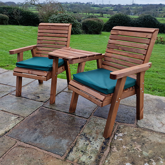 Vail Timber Angled Love Seat With Green Cushions
