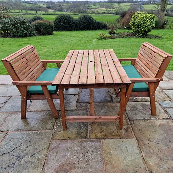 Photo of Vail timber brown dining table large with 2 benches and cushion