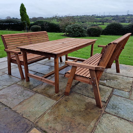 Photo of Vail timber brown dining table large with 2 large benches