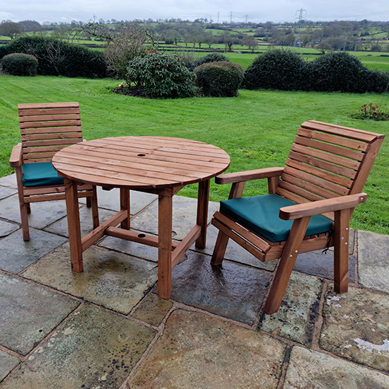 Vail Timber Brown Dining Table Round With 2 Chairs And Cushion