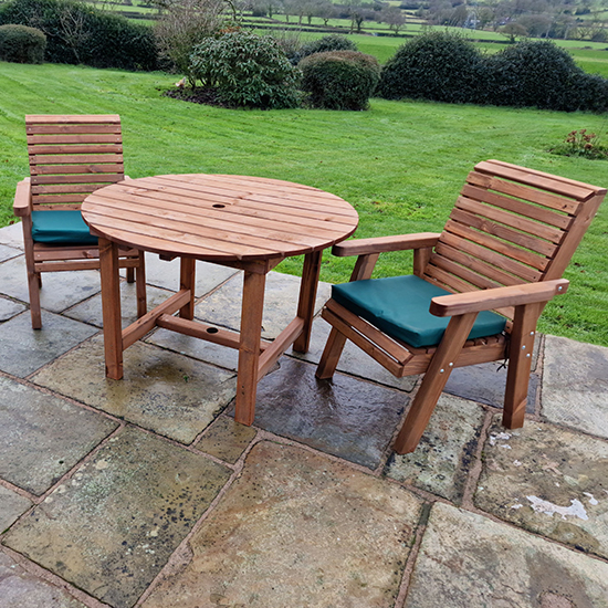 Vail Timber Brown Dining Table Round With 2 Chairs And Cushion
