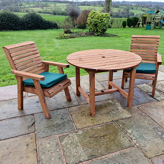 Vail Timber Brown Dining Table Round With 2 Chairs And Cushion