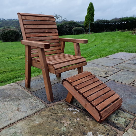 Product photograph of Vail Timber Garden Seating Chair With Footstool In Brown from Furniture in Fashion