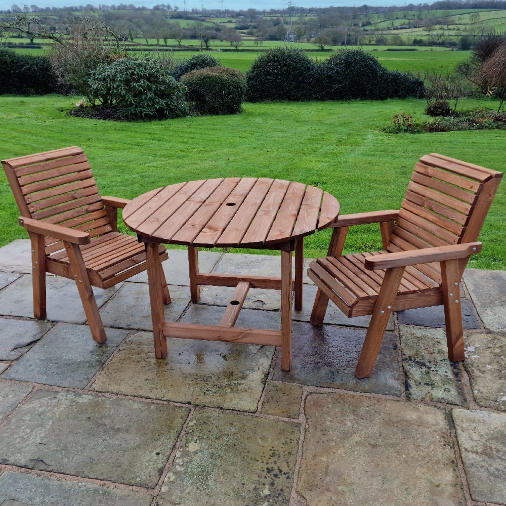 vail wooden garden round dining table with 2 chairs in natural