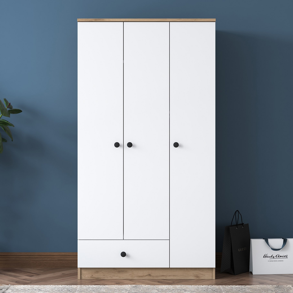 Valdaro Wooden Wardrobe With 3 Doors 1 Drawer In Walnut And White