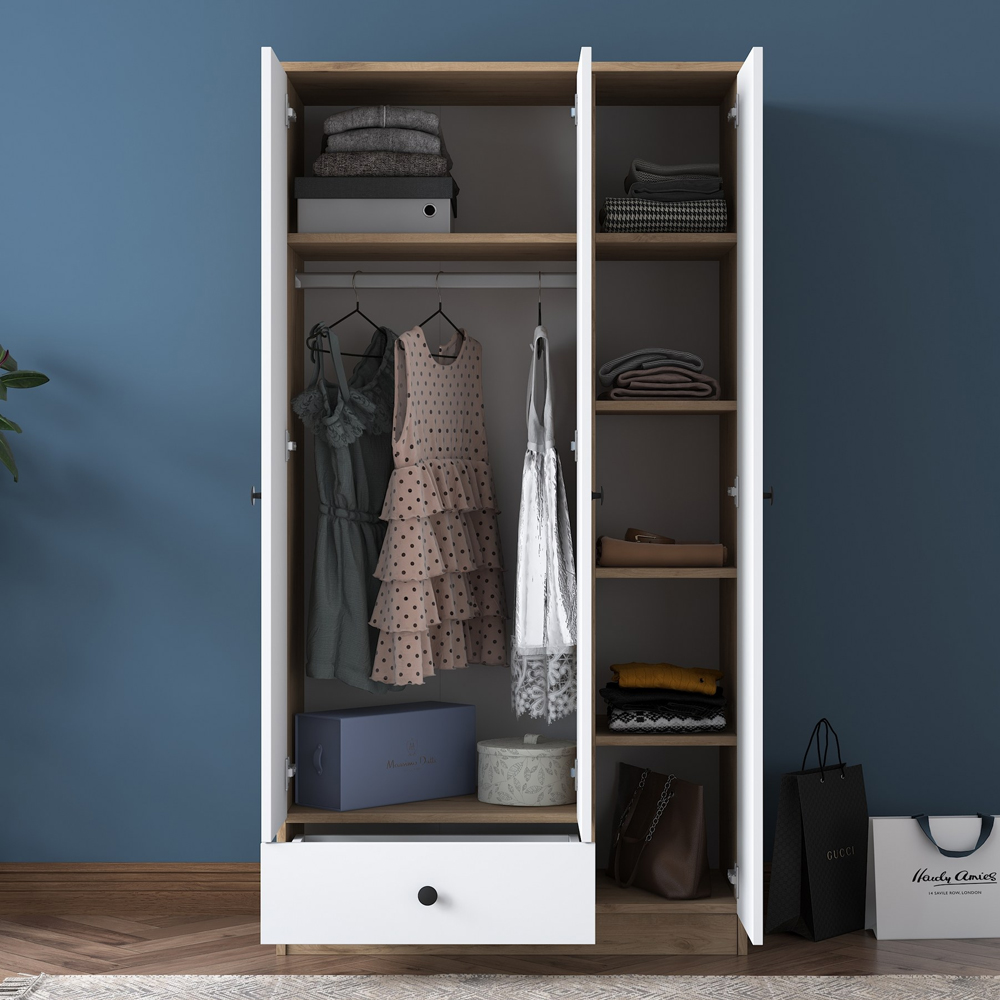 Valdaro Wooden Wardrobe With 3 Doors 1 Drawer In Walnut And White