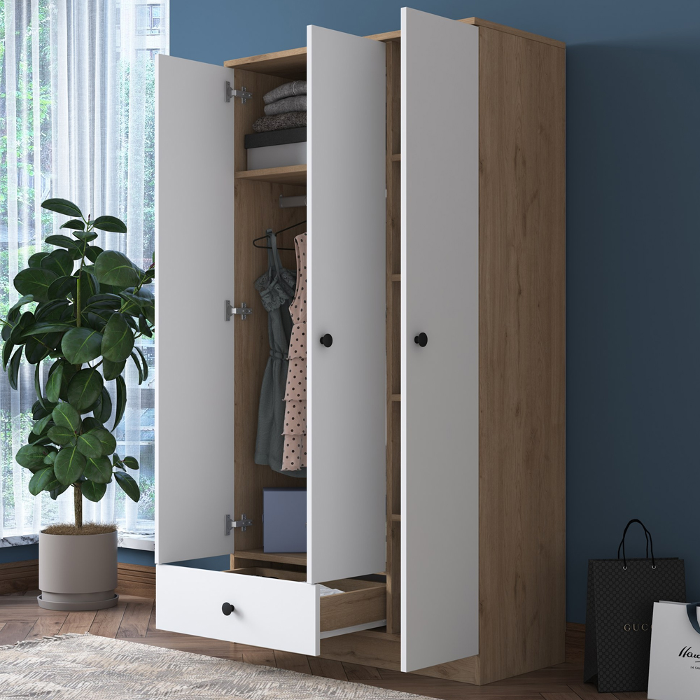 Valdaro Wooden Wardrobe With 3 Doors 1 Drawer In Walnut And White