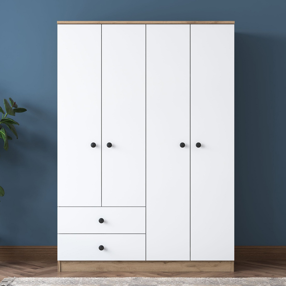 Valdaro Wooden Wardrobe With 4 Doors 2 Drawers In Walnut And White