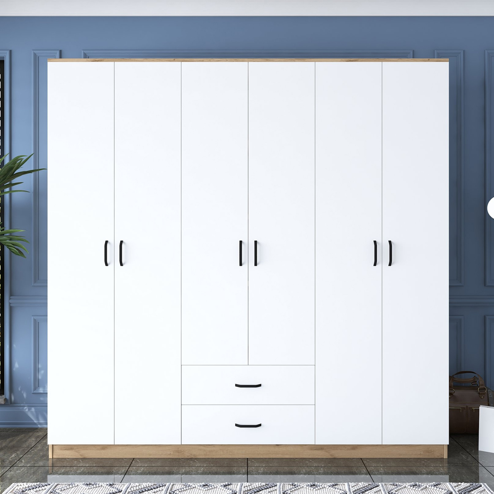 Valdaro Wooden Wardrobe With 6 Doors 2 Drawers In Walnut And White