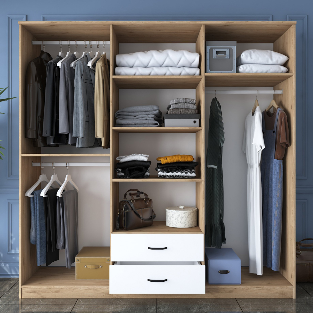 Valdaro Wooden Wardrobe With 6 Doors 2 Drawers In Walnut And White