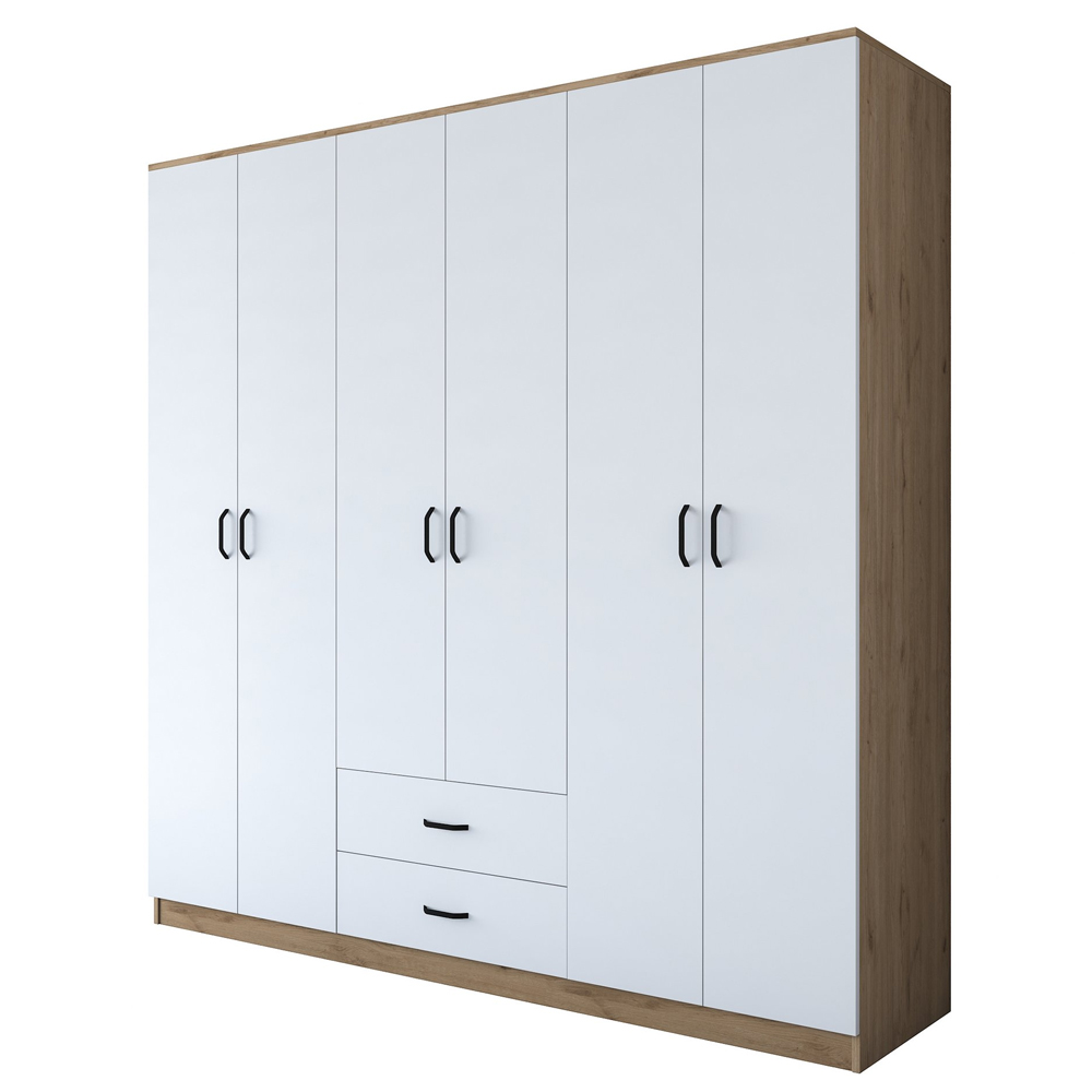 Valdaro Wooden Wardrobe With 6 Doors 2 Drawers In Walnut And White