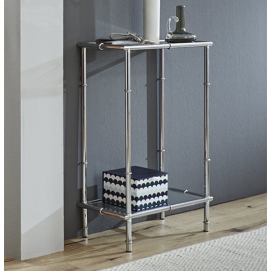 Product photograph of Valdosta Tall Clear Glass Console Table With Chrome Legs from Furniture in Fashion