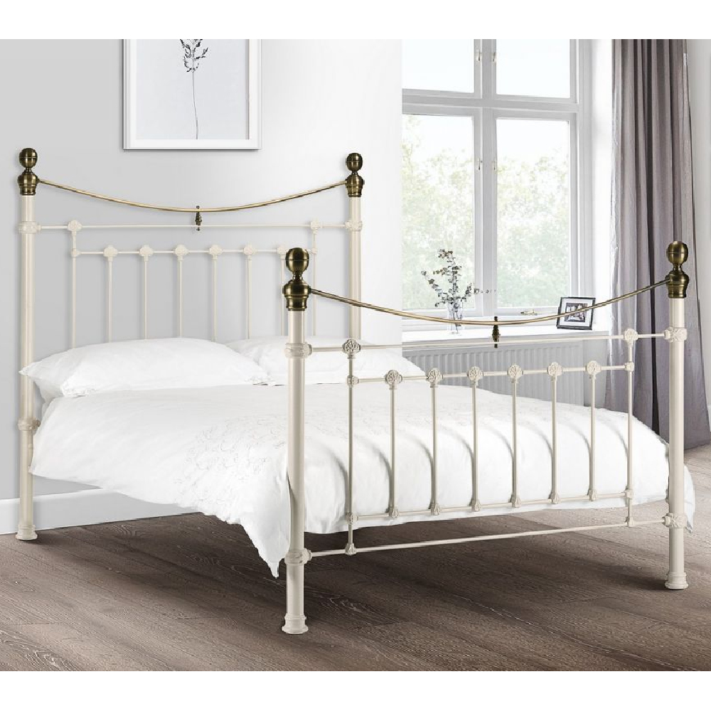 Read more about Vale metal king size bed in stone white and brass