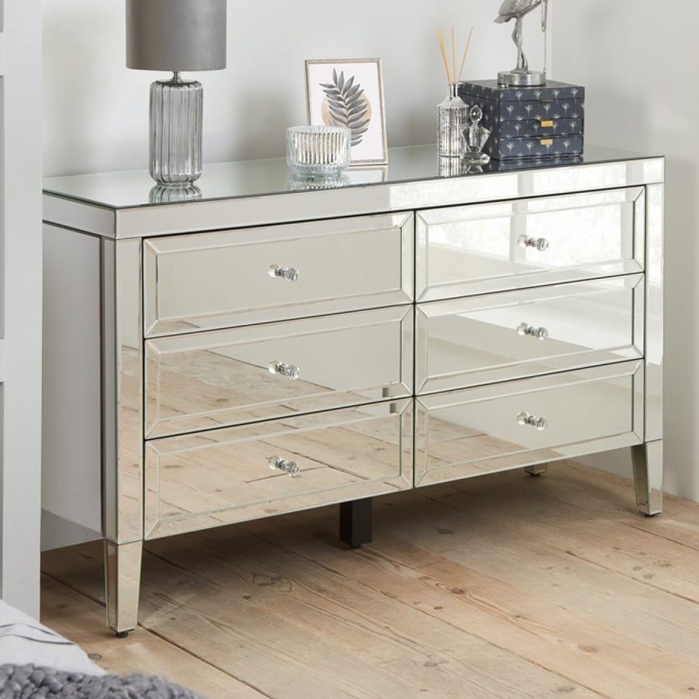 Valence Mirrored Chest Of 6 Drawers In Silver